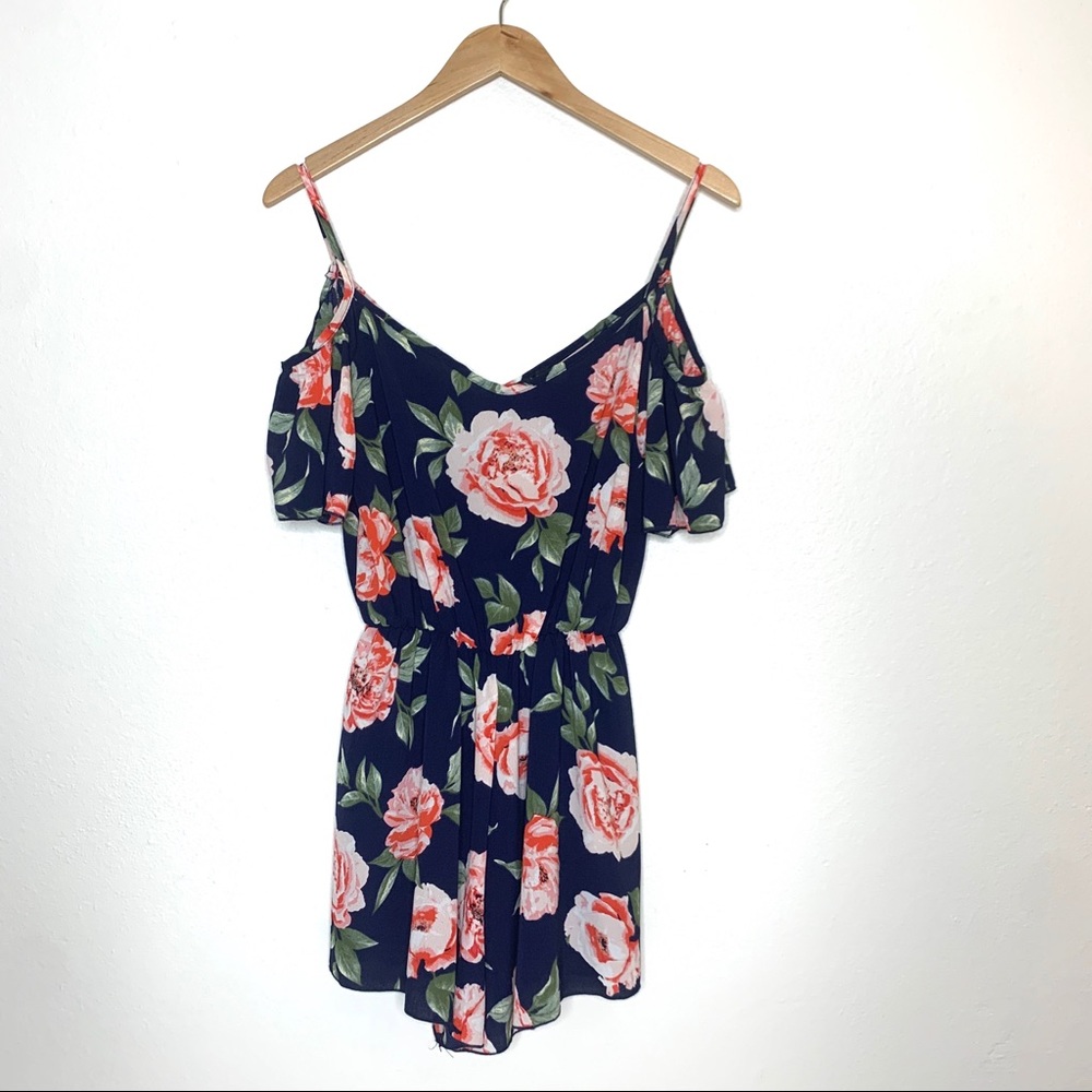Navy Blue and Red Pink Floral Cold Shoulder Spaghetti Strap Mini Short Romper